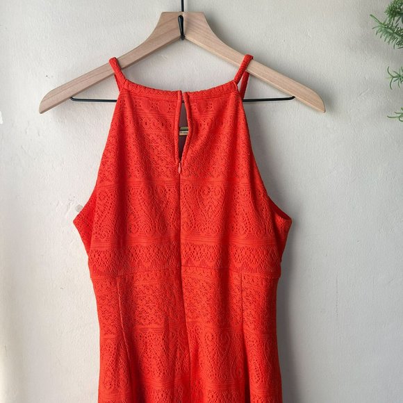 London Times Orange Crochet Lace Overlay Halter Dress - Picture 6 of 10